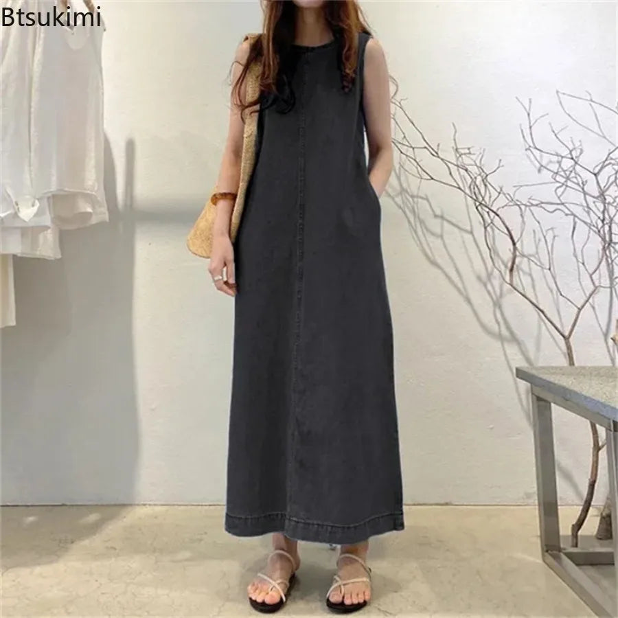 2024 Women's Summer Sleeveless Jeans Dress Simple Style Solid Elegant Dress Robe Female Pocket Design Commuter Gown Dress 5XL