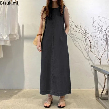 2024 Women's Summer Sleeveless Jeans Dress Simple Style Solid Elegant Dress Robe Female Pocket Design Commuter Gown Dress 5XL