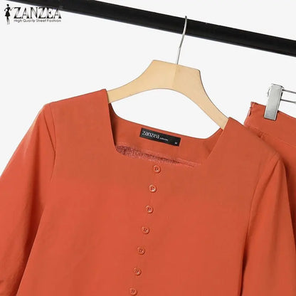 ZANZEA Elegant Summer Matching Sets Women Fashion Puff Sleeve Pant Sets 2PCS Solid OL Work Trousers Suits Tracksuit 2023