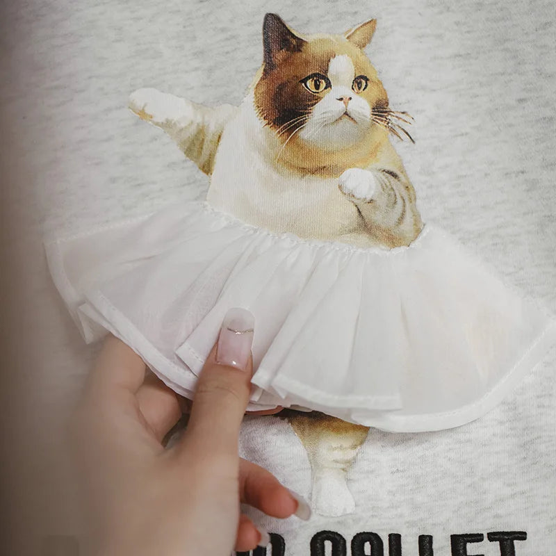 Maden Printed Ballet Cat Sweatshirts for Women Stand Collar Casual Sweater Gray Long Sleeve Pullover Autumn Gray Sweaters Top