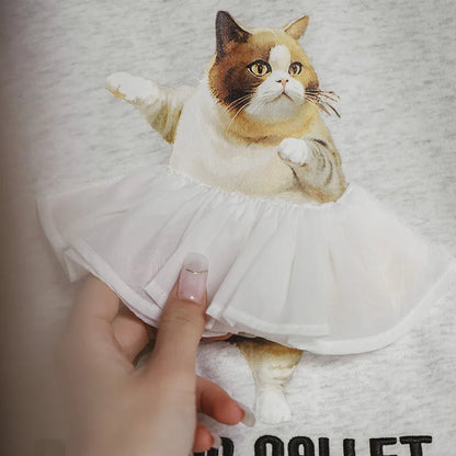 Maden Printed Ballet Cat Sweatshirts for Women Stand Collar Casual Sweater Gray Long Sleeve Pullover Autumn Gray Sweaters Top
