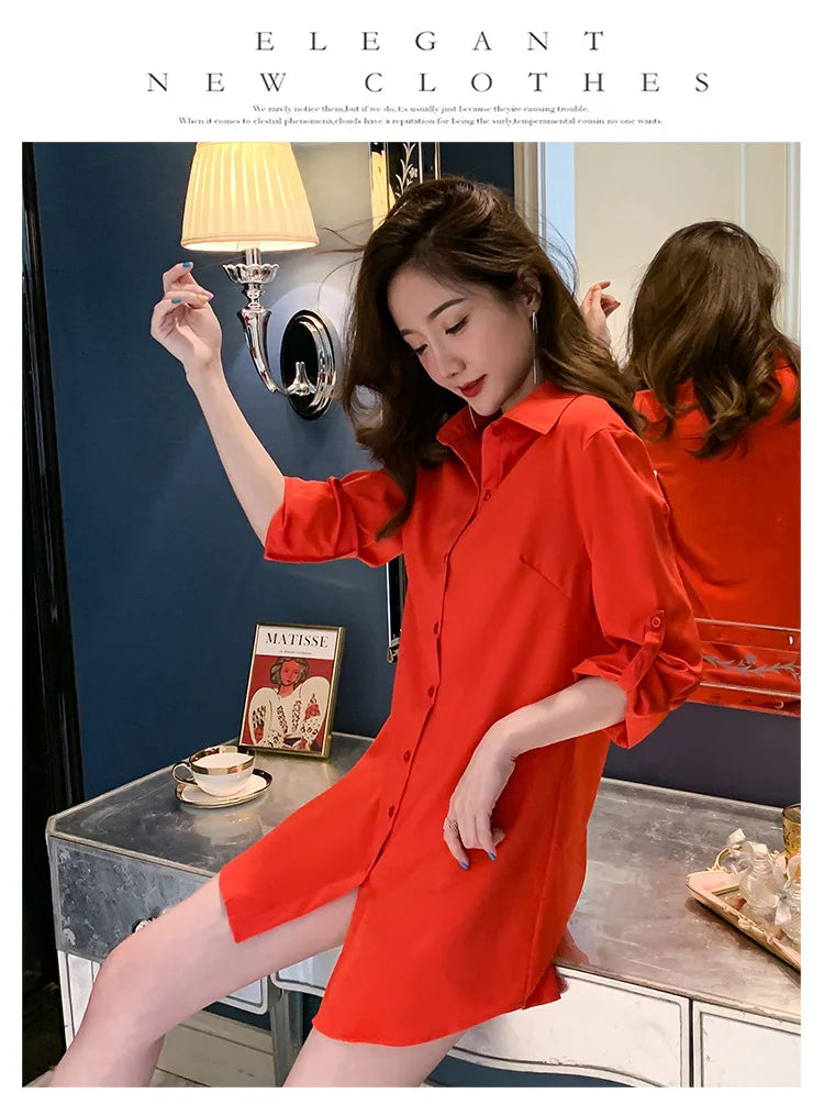 Mid-Length White Shirt Women BF Sexy Shirt Pajamas Female Skirt Ladies Tops Loose 2023 Autumn Clothing Women Shirts and Blouses