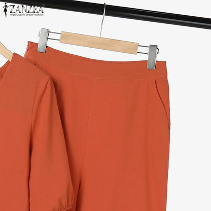 ZANZEA Elegant Summer Matching Sets Women Fashion Puff Sleeve Pant Sets 2PCS Solid OL Work Trousers Suits Tracksuit 2023