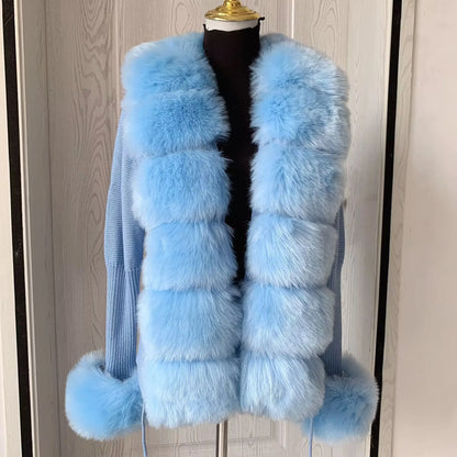 Women Faux Fur Knit Sweater cardigan Spring Autumn elegant Knitted sweater with faux fox fur collar Ladies Fashion Coat fur coat