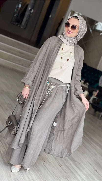 Eid Muslim Women Blouse Two Piece Set Abaya Long Shirt Wide Leg Pant Suits Ramadan Arabic Dubai Modest Musulman Ensembles