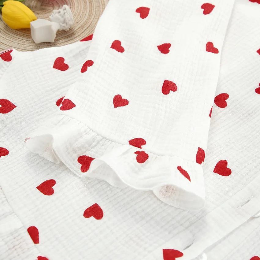 Spring New Fashion Style Love Printed Ruffle Edge Underwear Long sleeved Shorts Three piece Set for Women's Home Fury