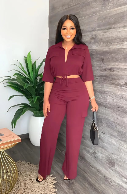 Elegant Women's Set Casual Drawstring Half Sleeve Short Blouse High Waist Straight Wide Leg Pant Suit Tracksuit Two Piece Outfit