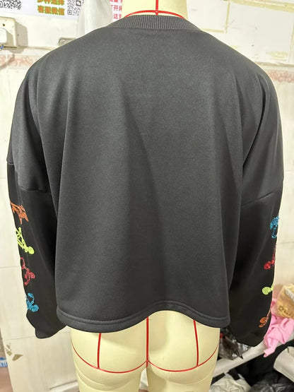 Glitter Patchwork Hoodies Vintage Tshirt Harajuku Slim Long Sleeve Streetwear Women Clothes Halloween Tee Top Autumn Winter