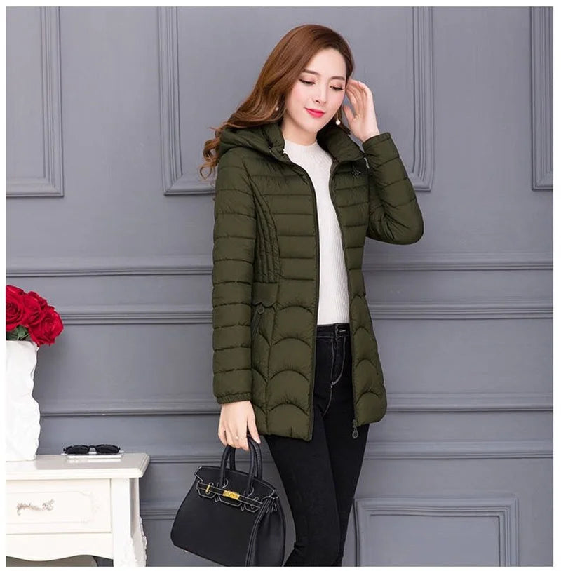 Winter Coat Women 2024 Fashion Middle Age Mother Slim Down Cotton Hooded Jacket Plus Size Casual Solid Warm Thick Outwear Parka