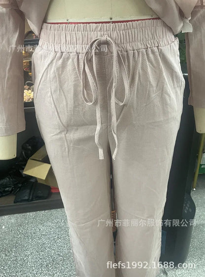 Women's Cotton and Linen Pants Suit Casual Solid Color Pullover Pants 2-piece Set White Pink