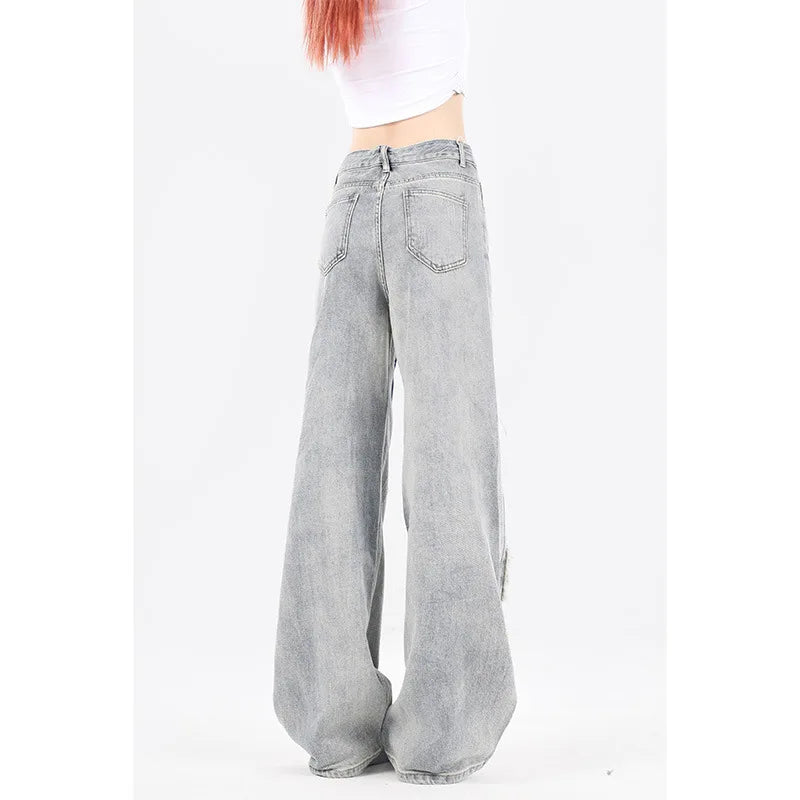 Women's Star Embroidery High Waist Cargo Jeans
