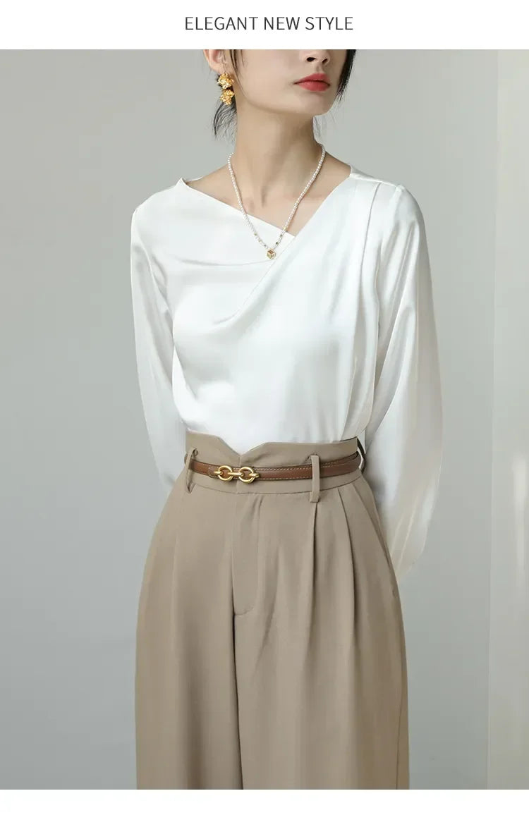 Satin Women's Shirts New Silk Solid Casual Blouses Loose Spring/Summer Ladies Clothing FASHION Long Sleeves White Tops