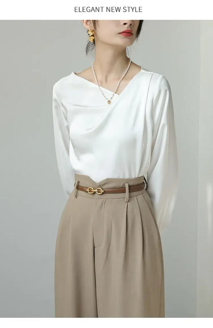Satin Women's Shirts New Silk Solid Casual Blouses Loose Spring/Summer Ladies Clothing FASHION Long Sleeves White Tops