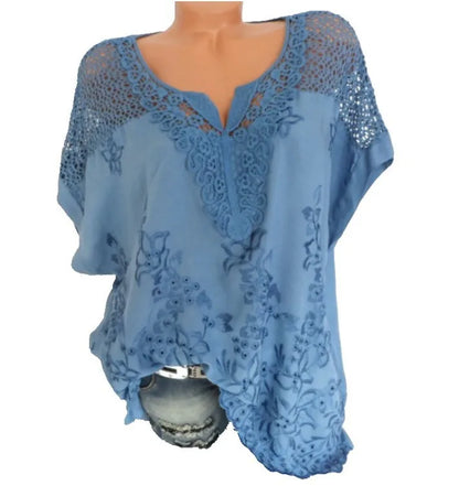 Large Size Loose Short-Sleeved Lace Women Blouses Cotton Blouses 2024 Summer V-neck White Shirt Tops Sexy Fashion Women Shirt