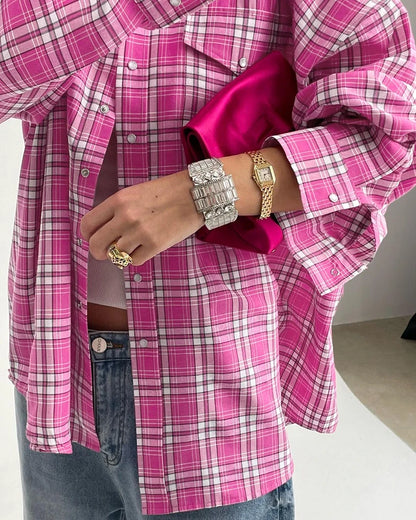 Mnealways18 Pink Brightly Plaid Shirts For Women Spring Summer 2024 Long Sleeves Classic Lapel Blouses And Tops Oversize Checked