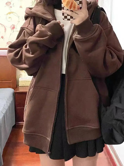 Winter New Women's Zipper Hoodie High Street Unisex style Double Pockets Oversize Loose Sweatshirts Outerwear Top