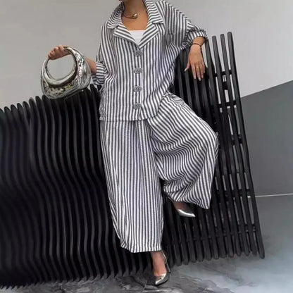 Wide-leg Pants Suit for Women Autumn Women's Casual Suit with Long-sleeved Shirt Top Wide-leg Harem Pants Lapel Striped