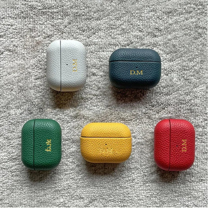 Luxury Lychee Skin Pattern Earphone Case For Airpods 1 2 Pro 3 Personalized Gold Initials Letters Customize Cover