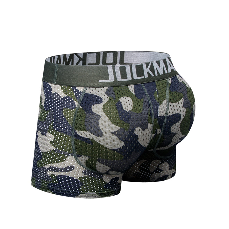 Men's Sexy Fashion Ice Silk Mesh Breathable Soft Comfortable Butt Lift Boxer Briefs Underwear Low Waist Camouflage Quick Dry