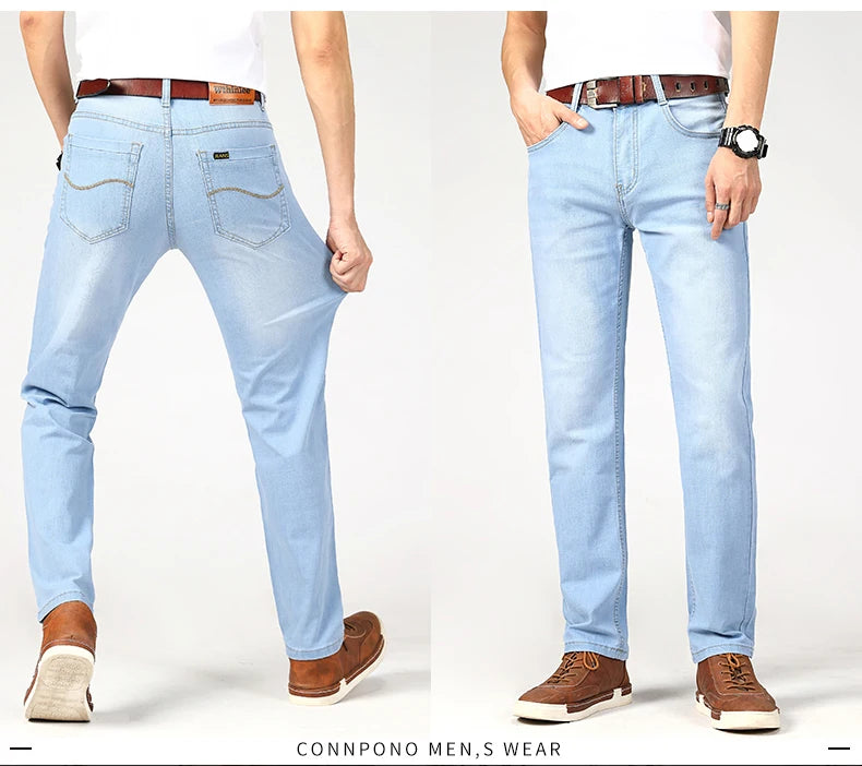 New Summer Business Men's Jeans Casual Straight Stretch Fashion Classic sky Blue  Work Denim Trousers Male Brand Clothing