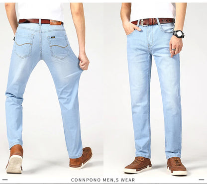 New Summer Business Men's Jeans Casual Straight Stretch Fashion Classic sky Blue  Work Denim Trousers Male Brand Clothing