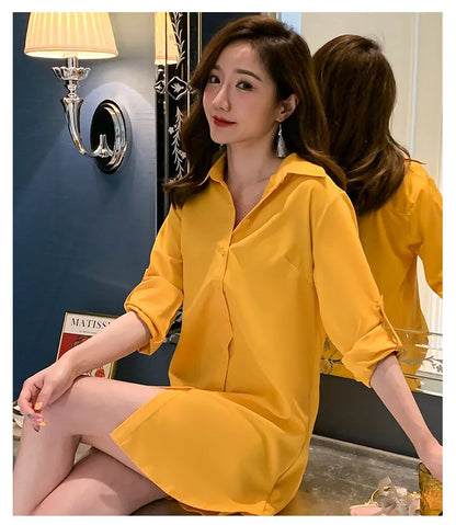 Mid-Length White Shirt Women BF Sexy Shirt Pajamas Female Skirt Ladies Tops Loose 2023 Autumn Clothing Women Shirts and Blouses