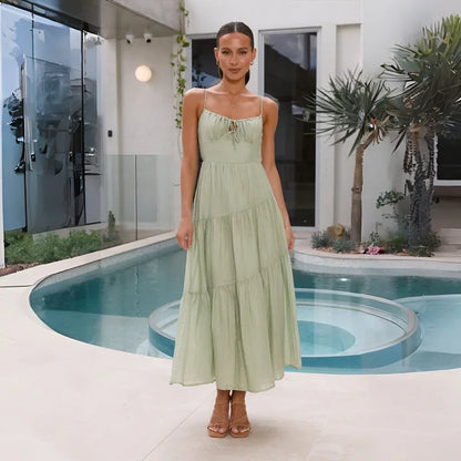 European And American Women's New Spliced Suspender Long Backless Tie Big Swing Dress With Lining