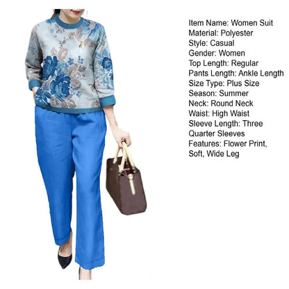 Loose Fit Women Casual Set Floral Print Women's T-shirt Pants Set with Wide Legs Pockets Stylish Spring/fall Suit for Female