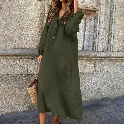 Stylish Button-breasted Dress for Women Elegant V-neck Cotton Linen Dress with Long Sleeves Button Decoration for Summer Ladies