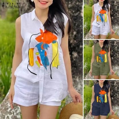 Elegant OL Work Short Sets ZANZEA 2pcs Women Outfits Summer Sleeveless Vest Tops Loose Pant Sets Casual Printed Tracksuits 2024
