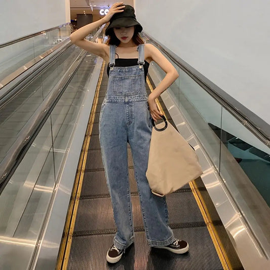 Loose Denim Overalls Stylish Women's Denim Suspender Jumpsuit with Adjustable Straps High Waist Wide Leg Fashionable Overalls