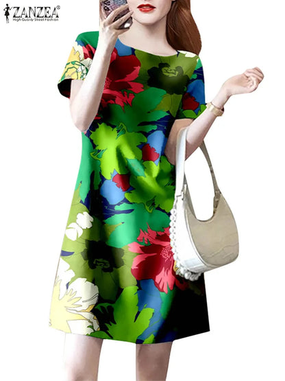 2024 ZANZEA Fashion Summer Bohemian O Neck Short Sleeve Flroal Printed Knee-length Dress Women  Holiday Sundress Party Vestido