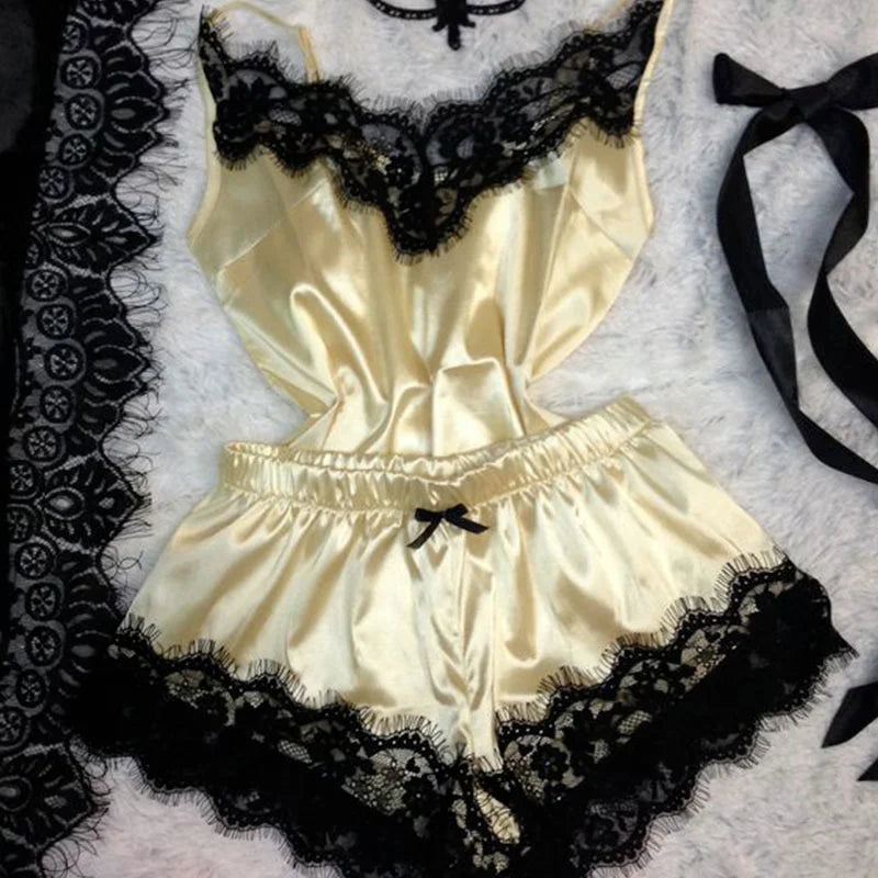 Women's Sleepwear Sexy Lace Satin Pajama Sets Ladies Nightwear Sleeveless Tops+Shorts 2 Pcs Sets for Women Pijama
