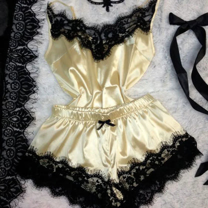 Women's Sleepwear Sexy Lace Satin Pajama Sets Ladies Nightwear Sleeveless Tops+Shorts 2 Pcs Sets for Women Pijama
