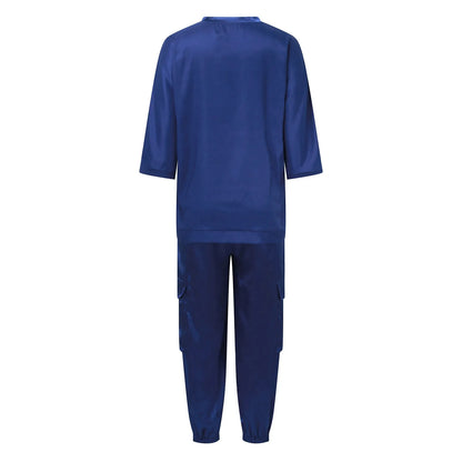 Women's Smooth Satin Short-sleeved Top and Pants Two-piece Set Spring O-neck Lace Up Outfits Summer Sleek Elegance Leisure Suit