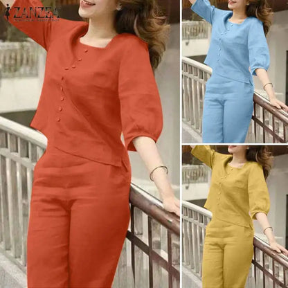 ZANZEA Elegant Summer Matching Sets Women Fashion Puff Sleeve Pant Sets 2PCS Solid OL Work Trousers Suits Tracksuit 2023