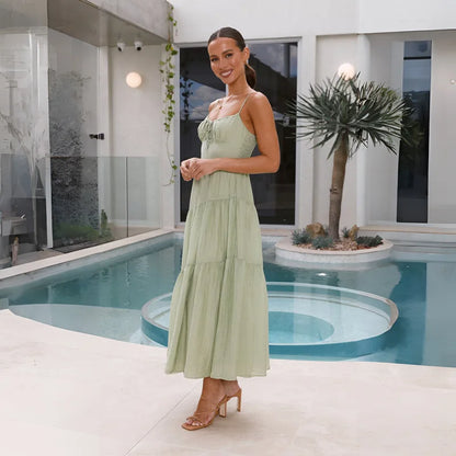 European And American Women's New Spliced Suspender Long Backless Tie Big Swing Dress With Lining
