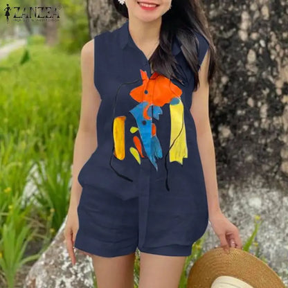 Elegant OL Work Short Sets ZANZEA 2pcs Women Outfits Summer Sleeveless Vest Tops Loose Pant Sets Casual Printed Tracksuits 2024