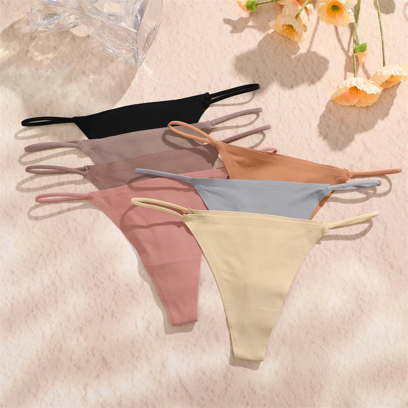5PCS Women Seamless Underpants Ice Silk Thongs Sexy Low Waist Bikini T-back Female Solid Color Traceless G-String Panties XS-XL