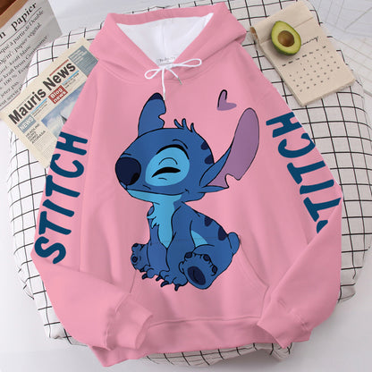 Disney Hoodie Fashion Stitch Angel Monster Letter Cartoon Sweatshirt Pullover Cute Harajuku Unisex Women's Pocket Top