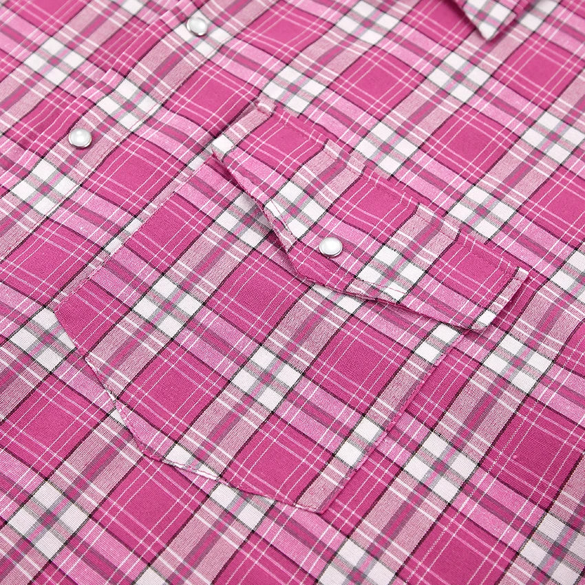 Mnealways18 Pink Brightly Plaid Shirts For Women Spring Summer 2024 Long Sleeves Classic Lapel Blouses And Tops Oversize Checked