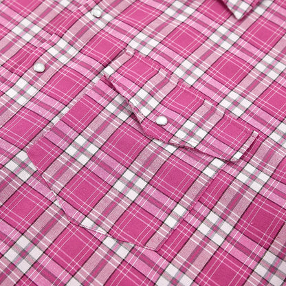 Mnealways18 Pink Brightly Plaid Shirts For Women Spring Summer 2024 Long Sleeves Classic Lapel Blouses And Tops Oversize Checked