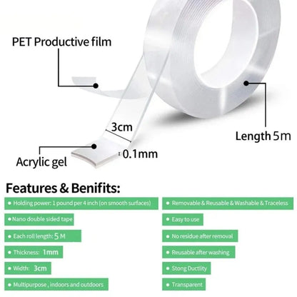 5M Nano Tape Double Sided Tape Transparent NoTrace Reusable Waterproof Adhesive Tape Cleanable Home Gekkotape