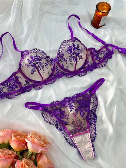 Ellolace Fancy Lingerie Lace Embroidery Fairy Seamless Tulle Underwear See Through Exotic Sets Floral Beautiful Bilizna Set