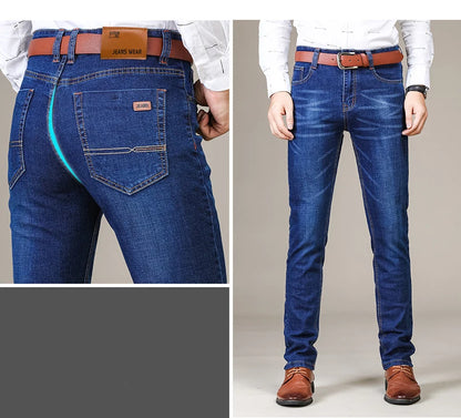 Business Men's Jeans Casual Straight Stretch Fashion Classic Blue Black Work Denim Trousers Male Brand Clothing