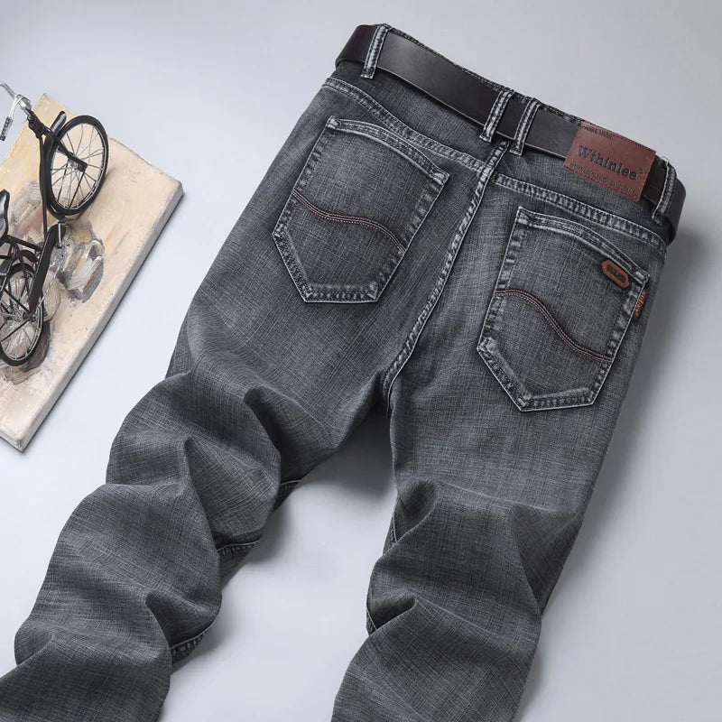 20234 Brand Men's Stretch Loose Straight Fit Jeans Men's Business Casual Denim Pants Brand New Style Trousers Mens Wear Grey