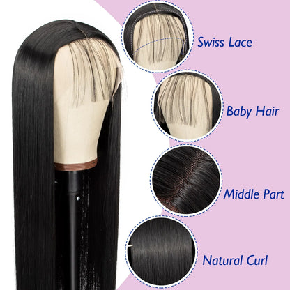 24 Inch Straight Lace Front Chemical Fiber Wigs Black Color Synthetic Straight Hair Wigs For Daily Party Cosplay Wear