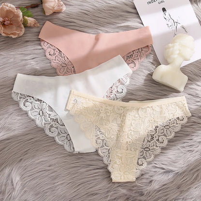TrowBridge 3PCS Women's Panties Set Sweet Lace Underwear Soft Silk Satin Lingerie French Romantic Woman Briefs Female Sexy Panty