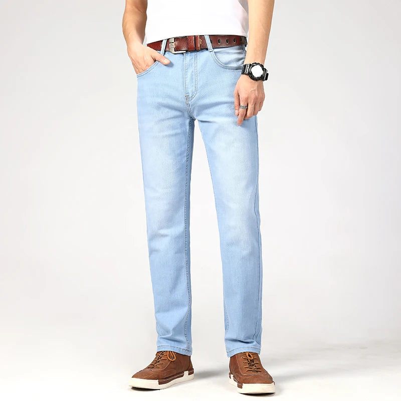 New Summer Business Men's Jeans Casual Straight Stretch Fashion Classic sky Blue  Work Denim Trousers Male Brand Clothing
