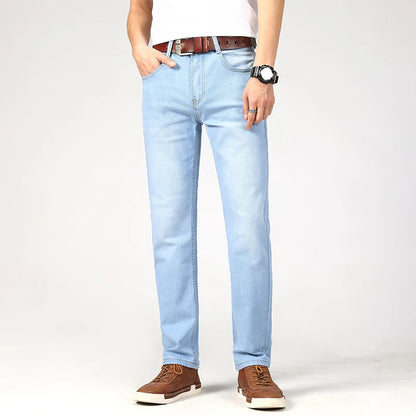 New Summer Business Men's Jeans Casual Straight Stretch Fashion Classic sky Blue  Work Denim Trousers Male Brand Clothing